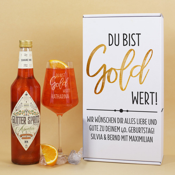 Glitter Spritz Geschenkset "Du bist Gold wert" mit graviertem Weinglas