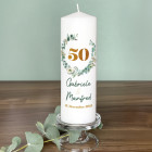 Kerze zur Goldenen Hochzeit mit Eukalyptuskranz, Namen & Datum