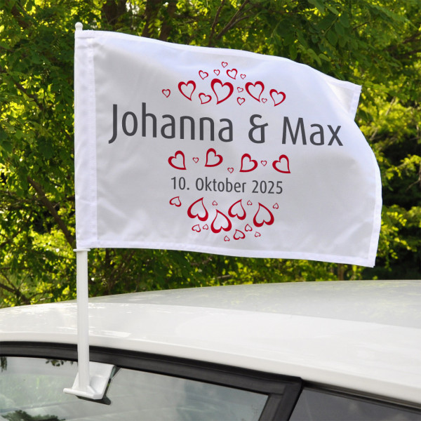 Flagge, Autofahne zur Hochzeit mit persönlichem Aufdruck von Namen und Datum
