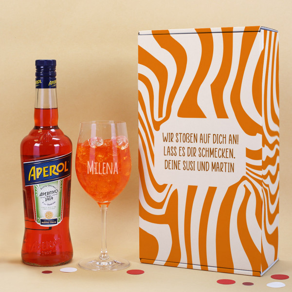 Aperol Geschenkset mit graviertem Weinglas & personalisierter Geschenkverpackung