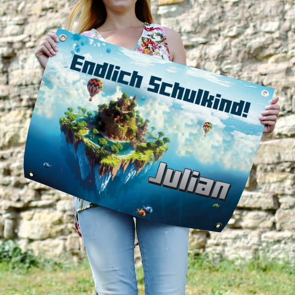 Pixel-Art Banner zur Einschulung mit Name & Wunschtext bedruckt, 70x50 cm