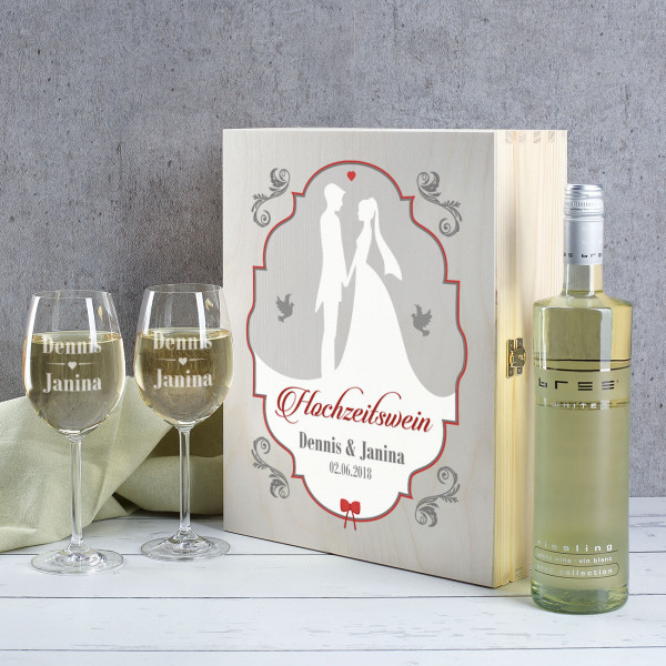 Wein Geschenkset Zur Hochzeit 2 Gravierte Gläsern Weißwein In Persönlich Bedruckter Holzbox 2294