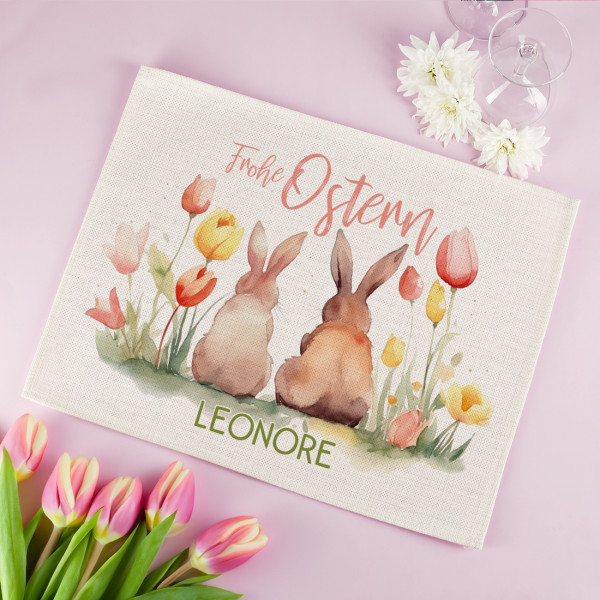 Frohe Ostern - Stoff-Platzdeckchen mit Hasen, Tulpen und Name