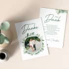 Danksagungskarte mit Foto und Eukalyptusblättern zur Hochzeit