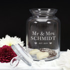 Glasdose für Mr und Mrs mit Wunschnamen und Jahr graviert